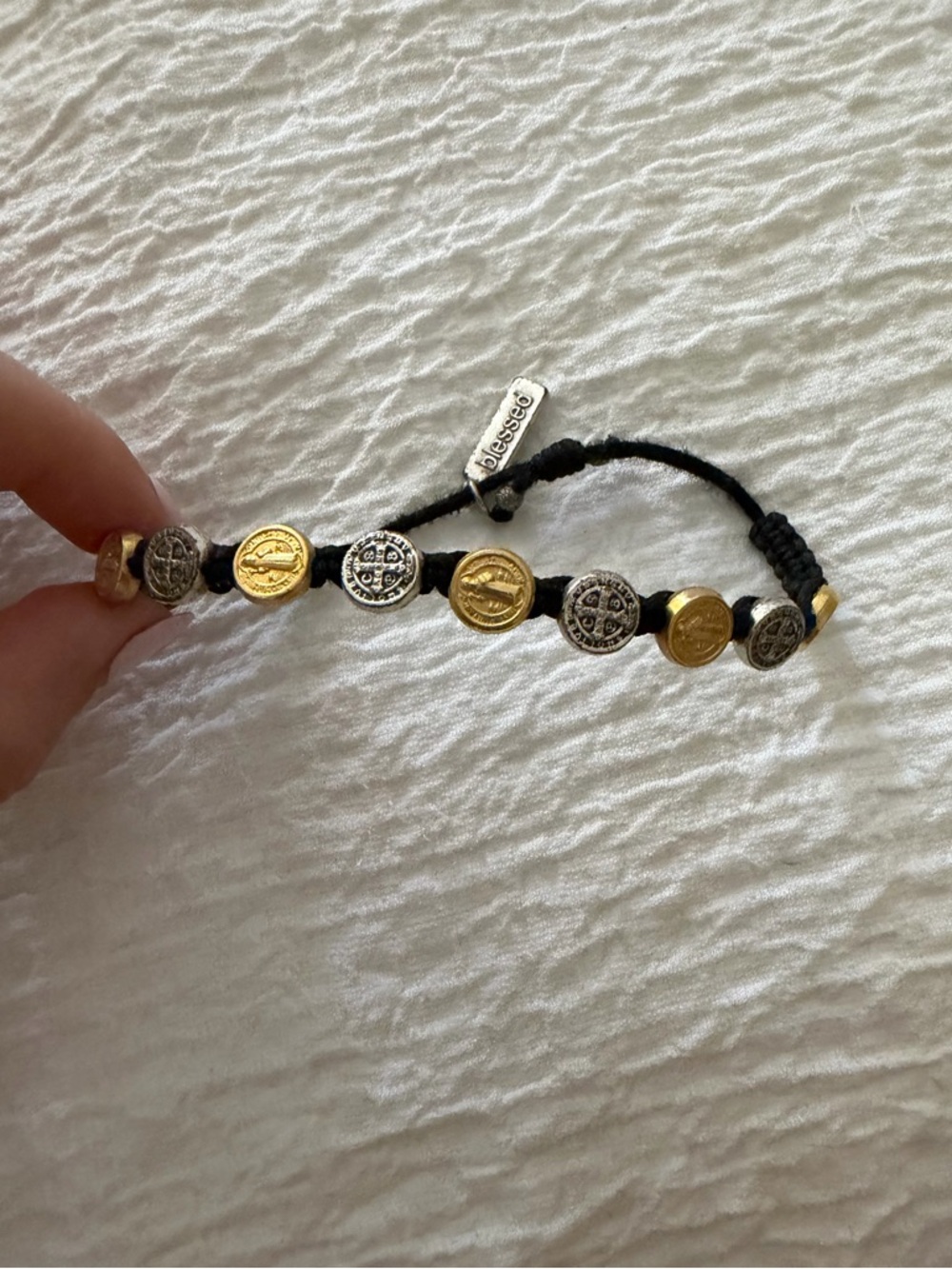 St. Benedict Medal Bracelet in Gold & Silver on Black Cord